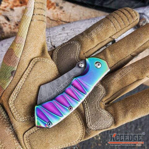 Little Cleaver Combo 2 PC Rainbow Assisted Open HIKING Miniature 6.5" Damascus Etched Cleaver + 8" Pearlized Rainbow CAMPING CLEAVER RAZOR Blade Gift Set