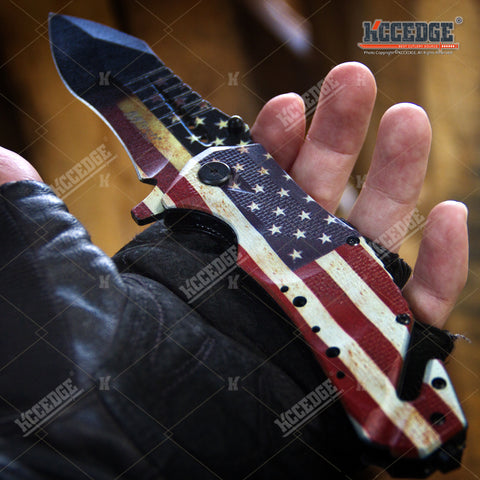 8.5" Pocket Knife Full Edge Spear Point Recurve Blade + Glass Breaker & Cord Cutter
