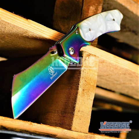 Little Cleaver Combo 2 PC Rainbow Assisted Open HIKING Miniature 6.5" Damascus Etched Cleaver + 8" Pearlized Rainbow CAMPING CLEAVER RAZOR Blade Gift Set