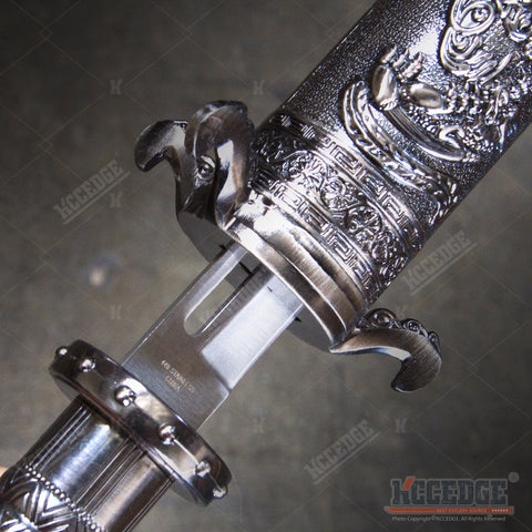 21" Metallic Twin Dragon Scroll Daggers Silver Swords Damascus Laser Etched Bladed