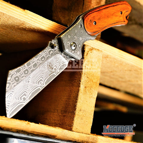 2 PC Huntsman COMBO SET TAC-FORCE STEEL CHAIN DESIGN Combat Pocket Knife + BUCKSHOT CLEAVER RAZOR Blade Damask Pocket Folding Knife Gift Set