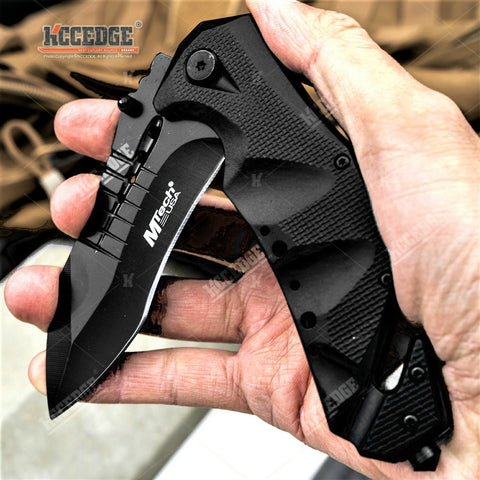 8.5" Pocket Knife Full Edge Spear Point Recurve Blade + Glass Breaker & Cord Cutter