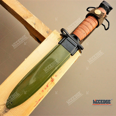 11 3/4" WWII M3 FIGHTING BAYONET ARMY KNIFE Tactical Hunting Fixed Razor Blade LEATHER HANDLE + SCABBARD w/ Wire Hook