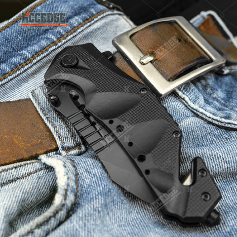 8.5" Pocket Knife Full Edge Spear Point Recurve Blade + Glass Breaker & Cord Cutter