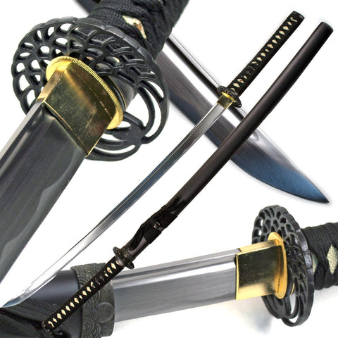40.5" Handmade BLACK SAMURAI KATANA Sharp SWORD w/Classic Crane MUSASHI TSUBA