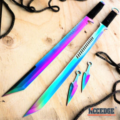 2PC 27" FULL TANG NINJA SWORD COMBO TANTO BLADES w/2 Throwing Knives