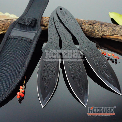 3 Colors 3PC 9" Ninja Kunai Throwers Dragon Etched Flames Survival Hunting Throwing Knife Set with Sheath Outdoor Combat