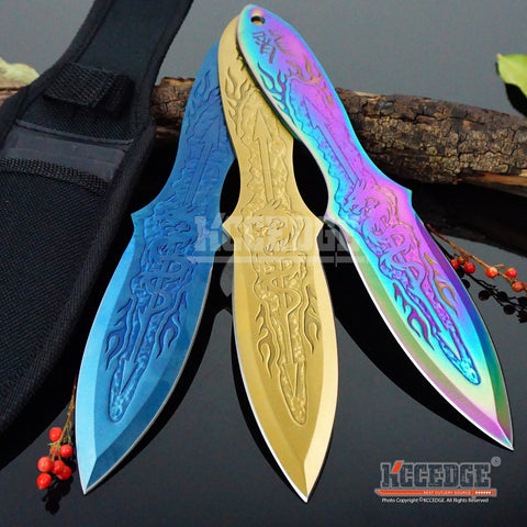 3 Colors 3PC 9" Ninja Kunai Throwers Dragon Etched Flames Survival Hunting Throwing Knife Set with Sheath Outdoor Combat