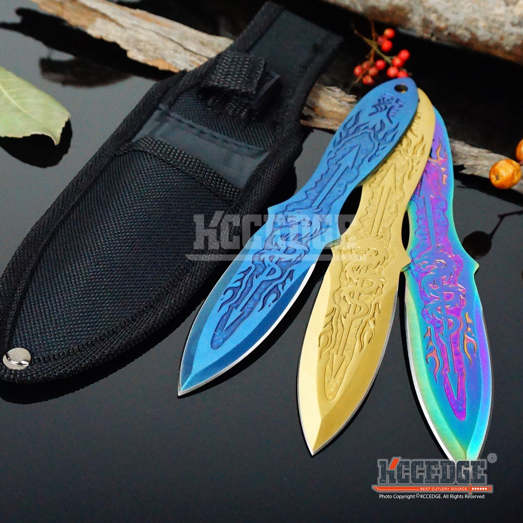 3 PC TACTICAL METAL 6.5 THROWING KNIFE SET w/ SHEATH Combat Kunai Ninja  Case