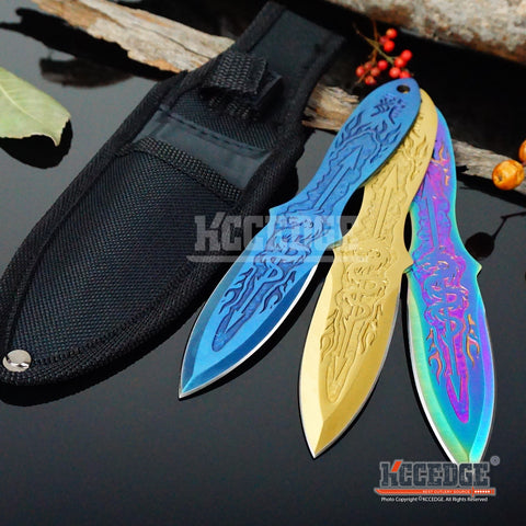 3 Colors 3PC 6.5" Ninja Kunai  Etched Dragon Flames Military Tactical Throwing Knife Set with Sheath Hunting Combat