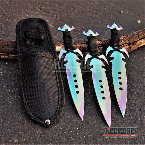  3Pc 7.5 Ninja Tactical Combat RAINBOW Kunai Throwing Knife Set  w/Sheath Hunting : Sports & Outdoors