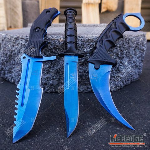 USA SELLER USA STOCK 3PC COMBO CSGO Tactical Fixed Blade BLUE Knife Set -  Karambit, Huntsman, Combat Knife