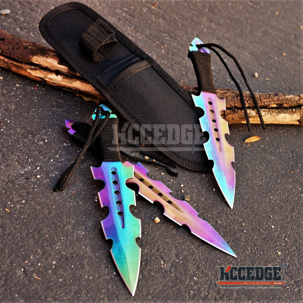 3PC 7.25 NINJA KUNAI TACTICAL ASSASSIN Double Edged Knife Set + Sheath