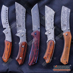 5PC DAMASK HUNTING KNIFE SET 1PC FIXED BLADE CLEAVER + 4PC POCKET CLEAVER