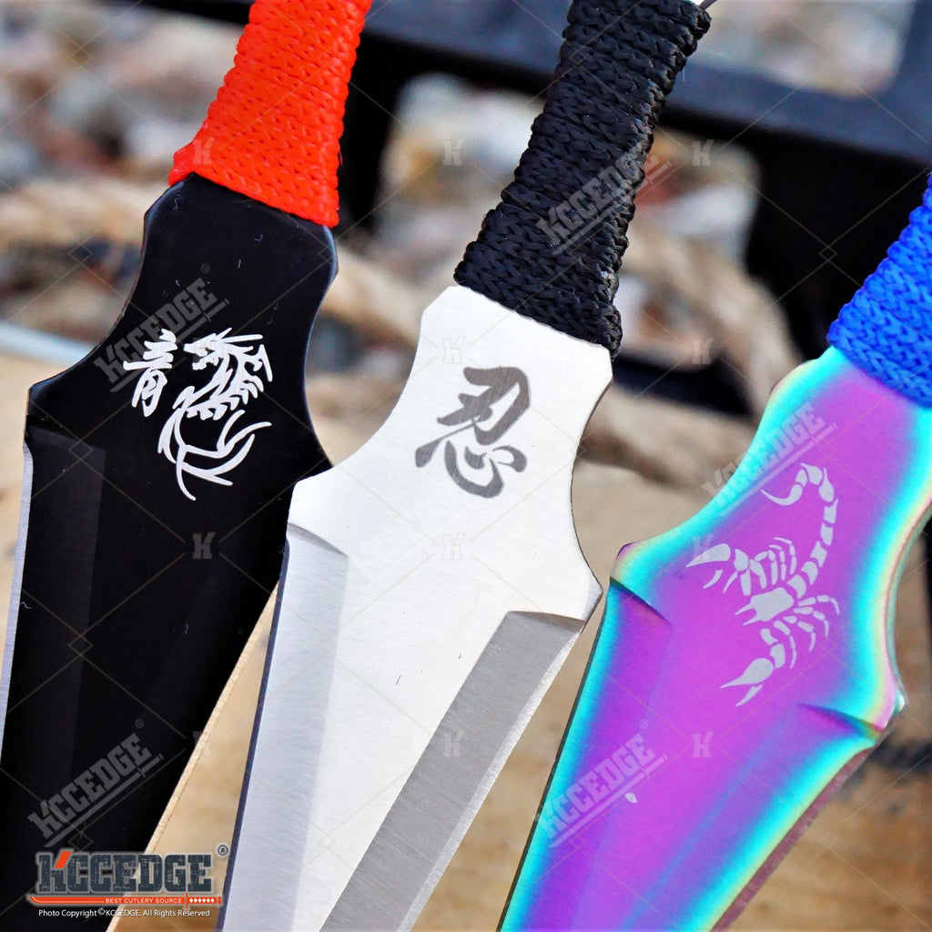 3PC 7.5 Ninja Fixed Blade Tactical Skull Naruto Kunai Throwing Knife Set  BLACK