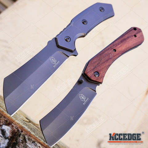 2PC Cleaver Combo 8.75" FIXED CLEAVER + 8" SHAVER STYLE Cleaver Pocket Knife