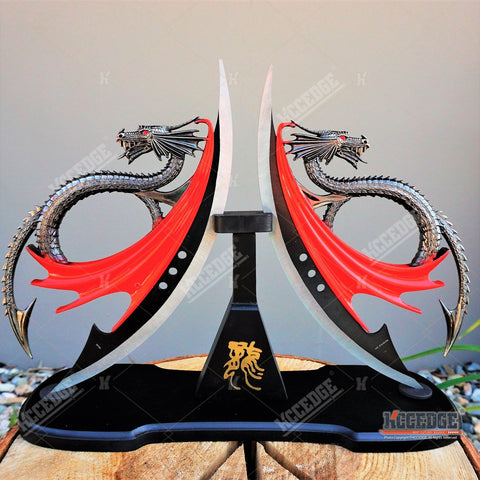 Twin Dragon DAGGER Display Collectibles Unsharpened Blade with Wooden Stand