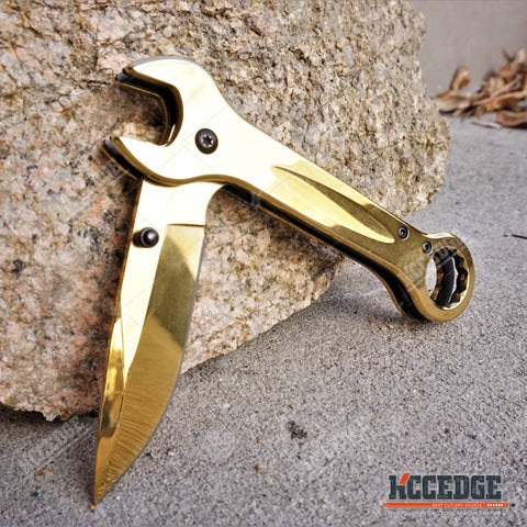 2PC MULTITOOL KNIFE SET Gold WRENCH KNIFE + Damask CLEAVER Pocket Knife