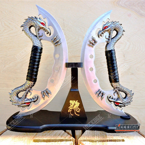 Double FIRE Dragon Display Collectibles Unsharpened Blade with Wooden Stand