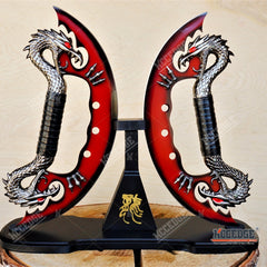 Double FIRE Dragon Display Collectibles Unsharpened Blade with Wooden Stand