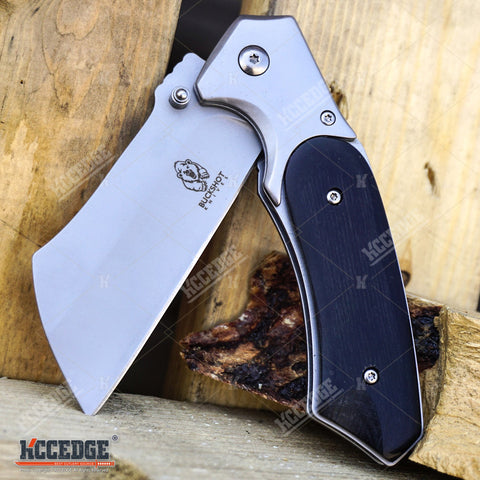 2PC Black Combo FIXED BLADE Cleaver + Assisted Open Folding CLEAVER