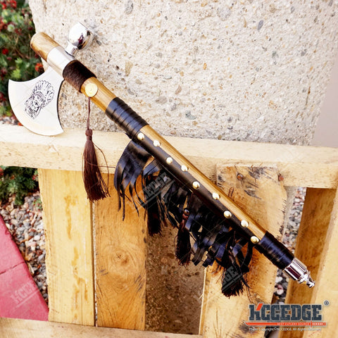 19" NATIVE AMERICAN PEACE PIPE TOMAHAWK HATCHET Replica with Functional Pipe