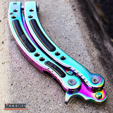 Metallic Rainbow Butterfly Knife - Sharp Rainbow Colored Balisong - Steel  Rainbow Butterfly Knives