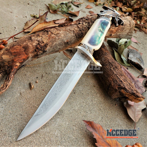 13" COLLECTOR'S HUNTING WILDLIFE DAGGER 5 Types Animal Head Pommel Fixed Blade Graphic Scene on Scabbard