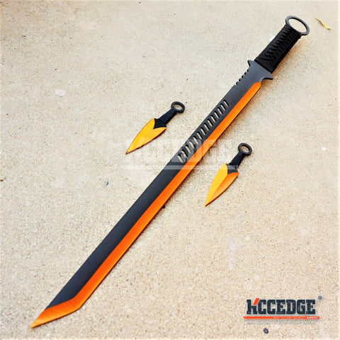 USA SELLER 27" Ninja Sword TANTO BLADE Machete w/ 2 Throwing Knife Full Tang Tactical Blade Black Katana