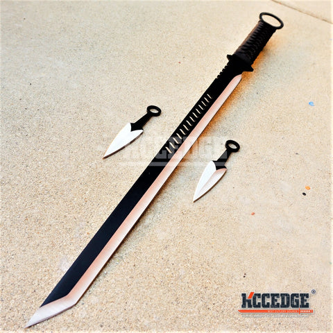USA SELLER 27" Ninja Sword TANTO BLADE Machete w/ 2 Throwing Knife Full Tang Tactical Blade Black Katana
