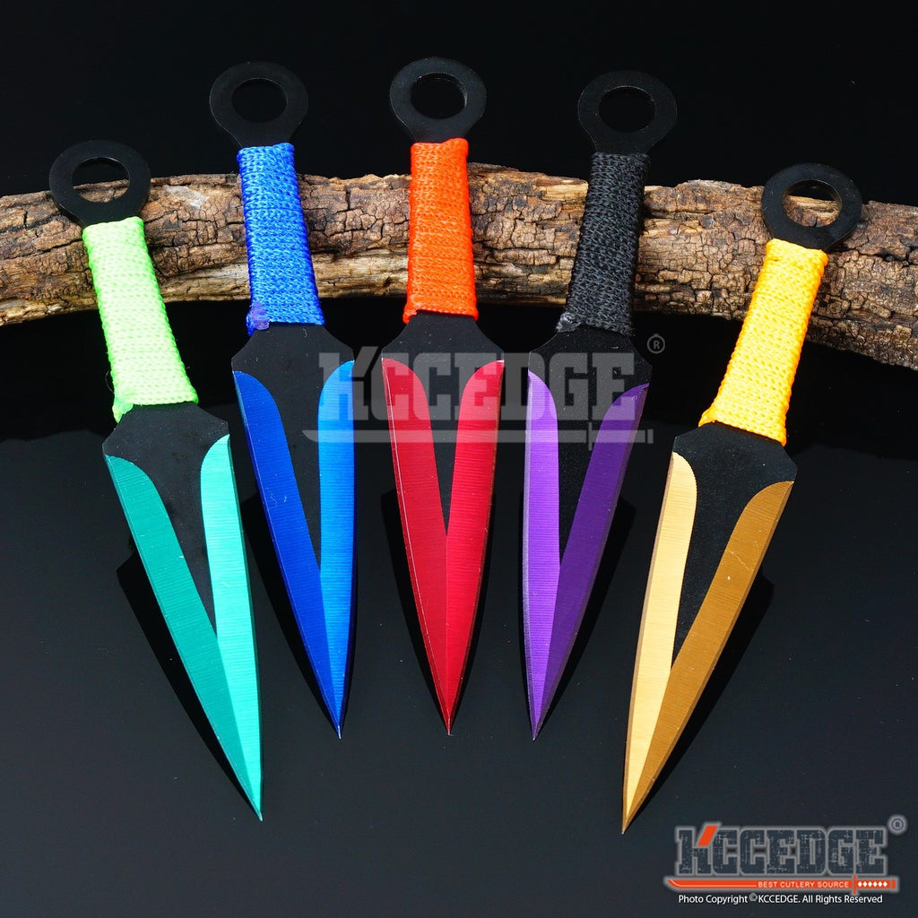 3PC 6.5 Double Edged BLACK Technicolor NINJA KUNAI KNIFE SET OUTDOOR