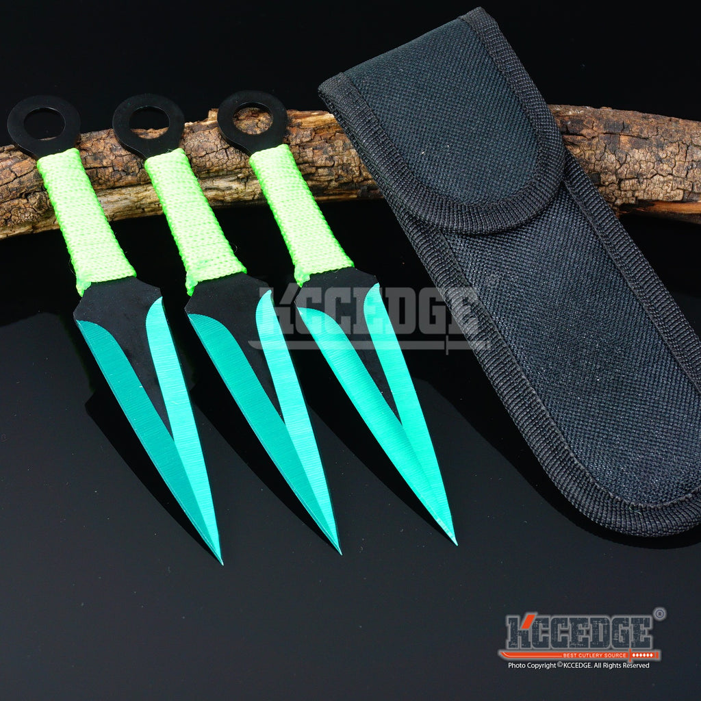 3Pc NINJA Kunai Throwing Knife Set W/Sheath GREEN