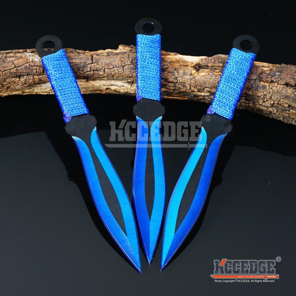 3PC 8 Blue Tactical Ninja Combat Ninjutsu Kunai Throwing Knife Set + Case