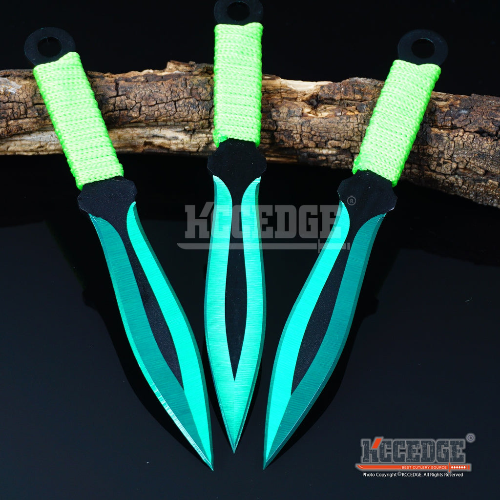 3PC 6.5 Double Edged BLACK Technicolor NINJA KUNAI KNIFE SET OUTDOOR