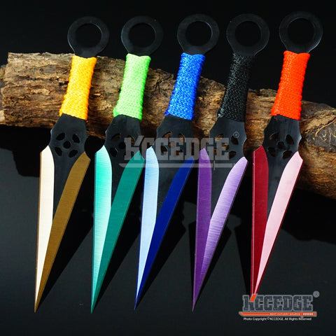 3PC 6.5" Bullseye Survival Throwers Technicolor Kunai Throwing Knife Set +Sheath