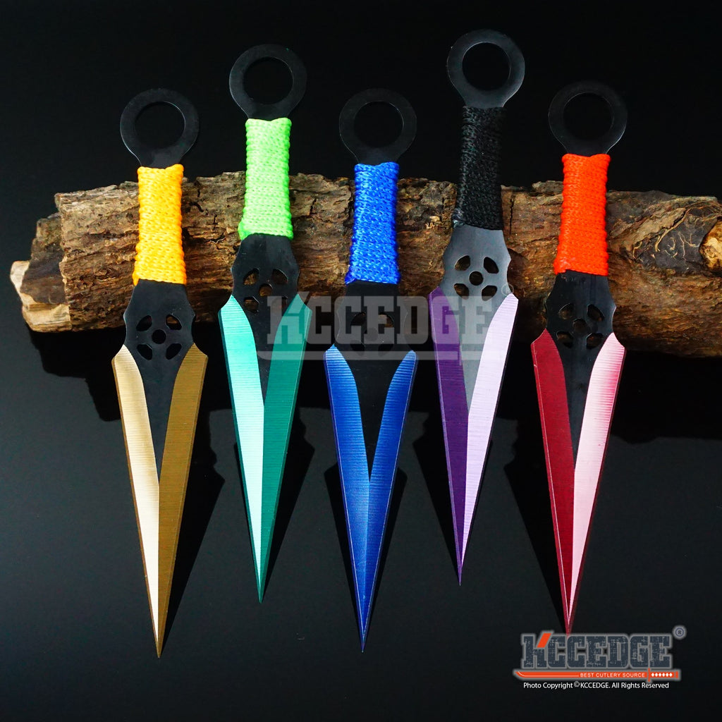 3PC 6.5 Double Edged BLACK Technicolor NINJA KUNAI KNIFE SET OUTDOOR