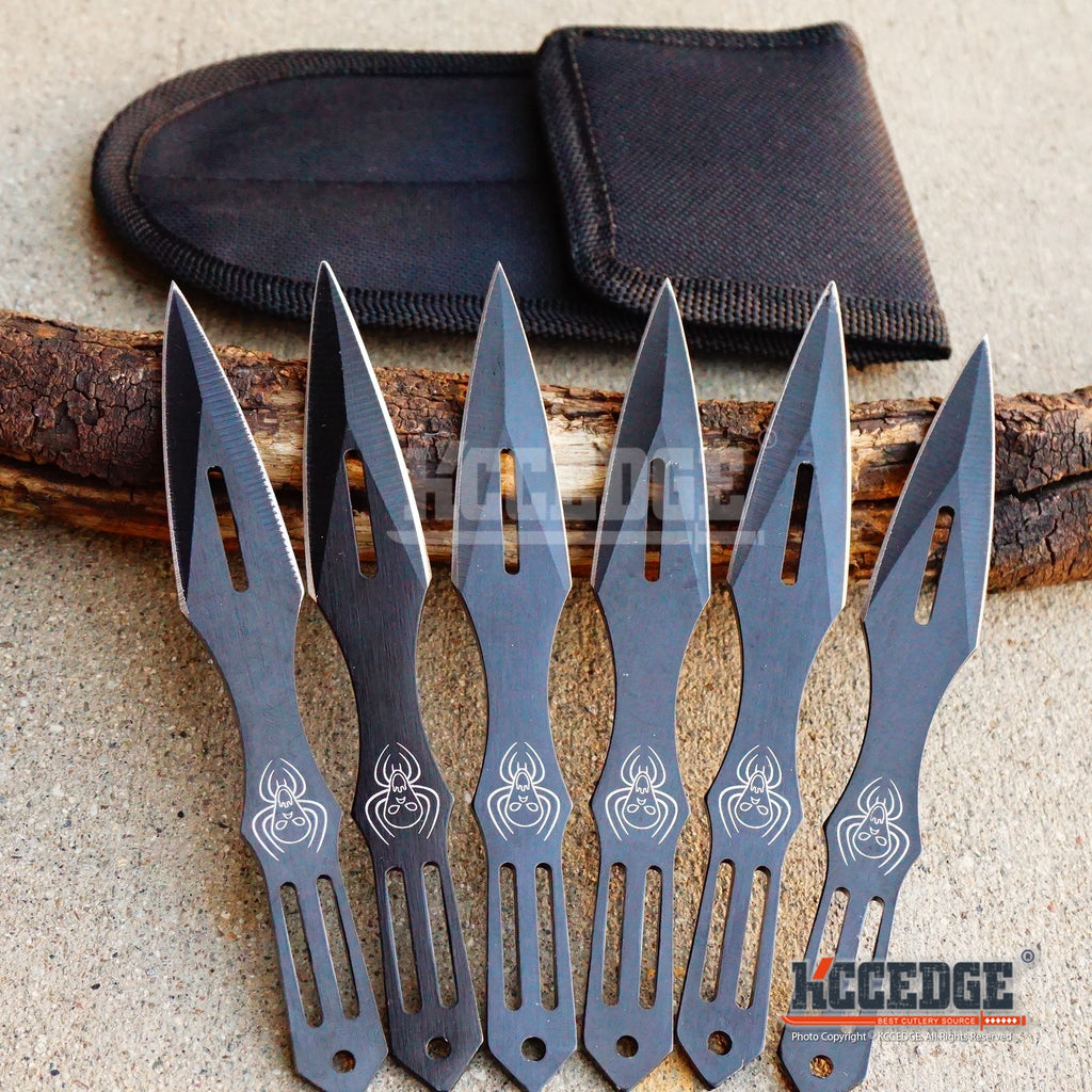 6pc SET 5.5 Black Kunai Throwing Knives Ninja Knife Fixed Blade Dagger  w/Sheath