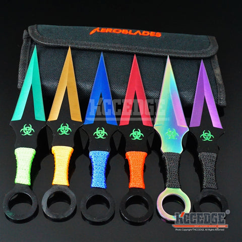 6PC 6.5" Survival Outdoor Technicolor Biohazard Sharp Throwing Knife Set +Sheath