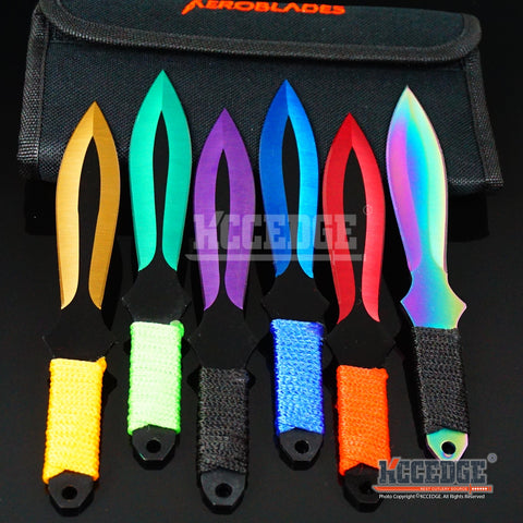 6PC 6.75" Assorted Technicolor High Impact Throwing Knife Survival Set w/Sheath
