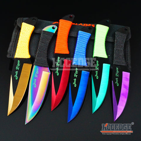 6PC 6.75" Jack Ripper Assorted Technicolor Throwers Throwing Knife Set w/Sheath