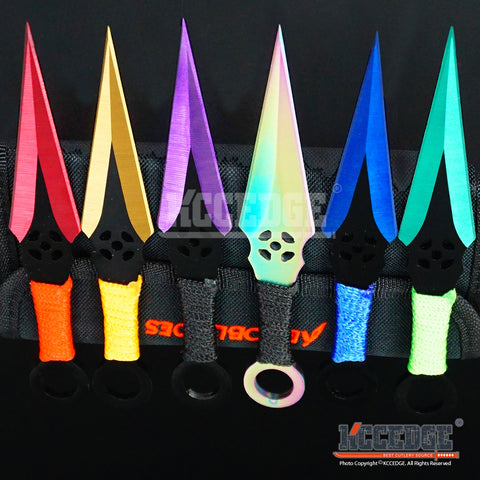 6PC 6.5"  Combat Ninja Kunai Assorted Technicolor Throwing Knife Set +Sheath