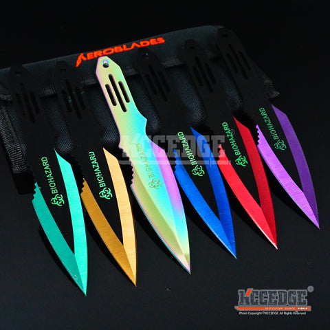 6PC 6.5" Biohazard Ninja Kunai Assorted Technicolor Throwing Knife Set +Sheath