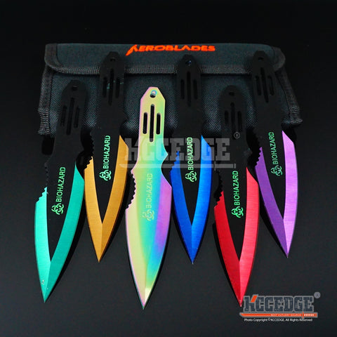 6PC 6.5" Biohazard Ninja Kunai Assorted Technicolor Throwing Knife Set +Sheath