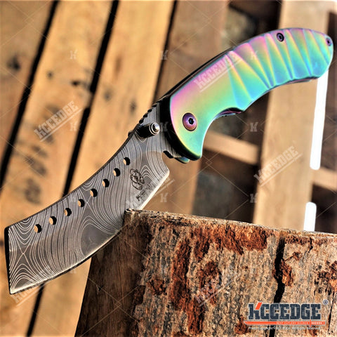 8 RAINBOW BUCKSHOT CLEAVER FOLDING KNIFE SHAVER STYLE DAMASCUS ETCHED POCKET KNIFE