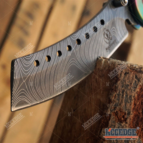 8 RAINBOW BUCKSHOT CLEAVER FOLDING KNIFE SHAVER STYLE DAMASCUS ETCHED POCKET KNIFE