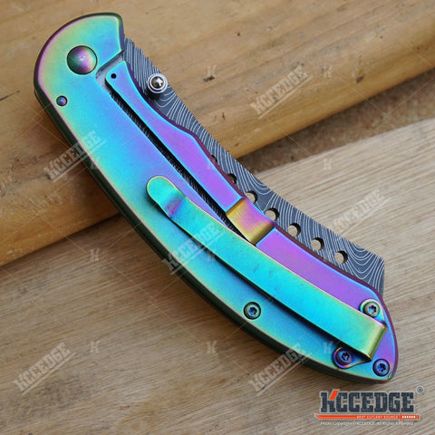 8 RAINBOW BUCKSHOT CLEAVER FOLDING KNIFE SHAVER STYLE DAMASCUS ETCHED POCKET KNIFE