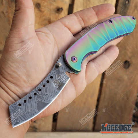 8 RAINBOW BUCKSHOT CLEAVER FOLDING KNIFE SHAVER STYLE DAMASCUS ETCHED POCKET KNIFE