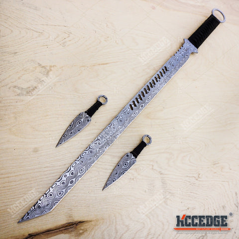 27" DAMASCUS ETCHED Full Tang Katana Sword w/ 2 Throwing Knives