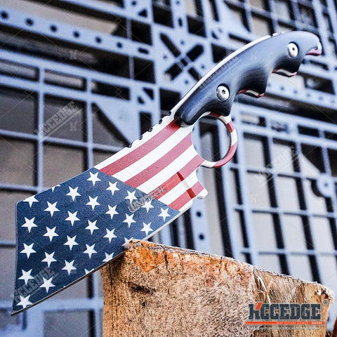 Little Cleaver Combo 2PC Mini 6.5" Pocket Knife + FIXED US Flag 8" CLEAVER