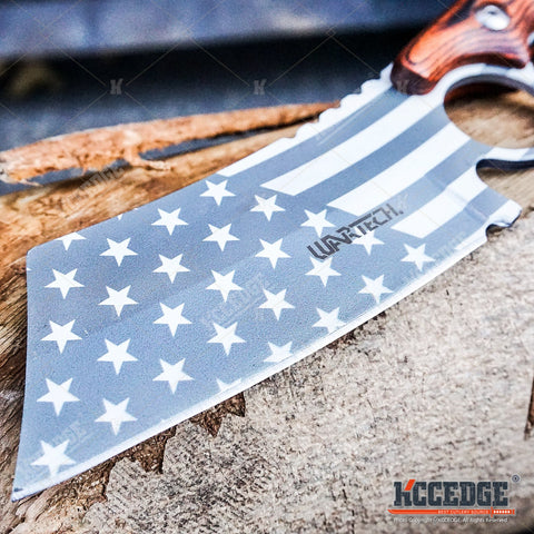 2PC CLEAVER Chrome American Flag FIXED Knife + BUCKSHOT Damascus Etched CLEAVER